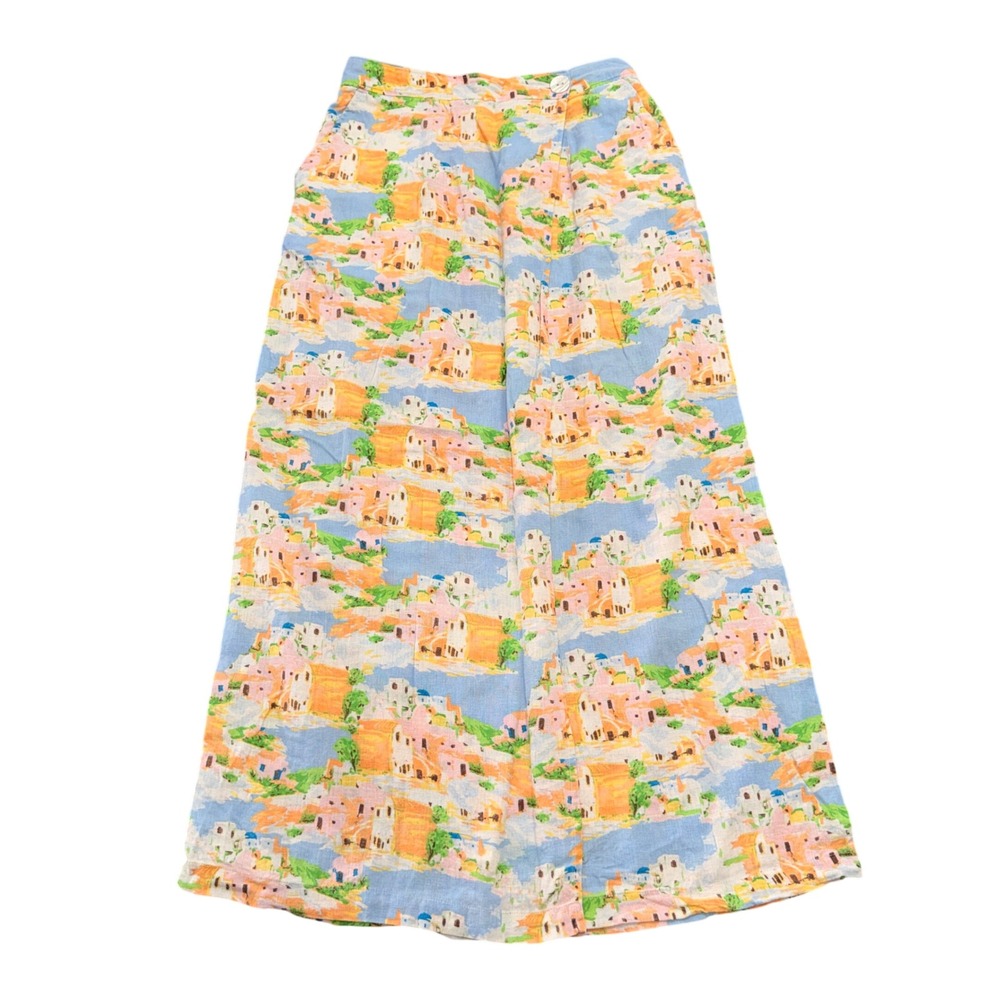 Cynthia Rowley Womens Small Blue Mediterranean Village Print Linen Maxi Skirt